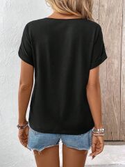 Kadın Kısa Kollu Bisiklet Yaka Dantel Detaylı Viskon Bluz