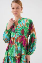 2423 Otantik Desenli Tesettür Elbise - Yeşil 9