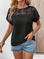 Kadın Kısa Kollu Bisiklet Yaka Dantel Detaylı Viskon Bluz
