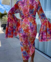 Kadın Göğüs Dekolteli Kolları Volan Detay Astarlı Tül Elbise