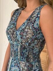 Kadın Beli Gipeli Etnik Desen Sıfır Kol Süprem Elbise