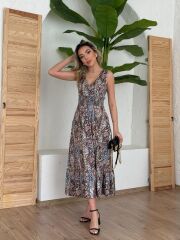 Kadın Beli Gipeli Etnik Desen Sıfır Kol Süprem Elbise