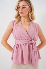 Kruvaze Yaka Kolsuz Bluz 966 - Pudra