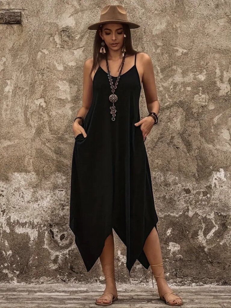 Kadın Askılı V Yakalı Cep Detaylı Asimetrik Kesim Detaylı Viskon Elbise