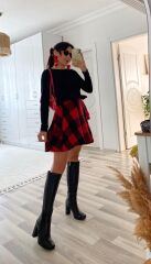 Kadın Uzun Kollu Bisiklet Yaka üst Viskon Alt Ekose Kısa Elbise