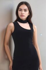 Kadın Asimetrik Yaka Sandy Kumaş Fırsat Ürün Diz Üstü Elbise