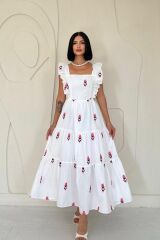 Fuşya Sıfır Kol Fırfırlı Elbise