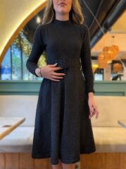 Kadın Uzun Kollu Balıkçı Yaka Kemer Detaylı Yumoş Midi Elbise