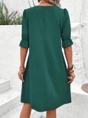 Kadın Kısa Kollu V Yakalı Salaş Janjan Krep Elbise