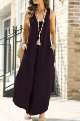 Kadın Askılı Yuvarlak Yaka Cepli Salaş Uzun Viskon Tulum