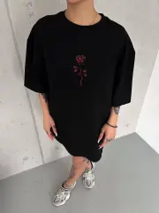 Unisex Bisiklet Yaka Baskılı Oversize T-Shirt - Siyah