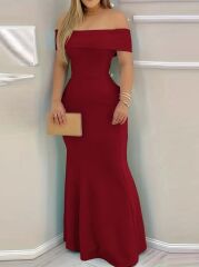 Kadın Kısa Kollu Madonna Yaka Belden Oturtmalı Uzun Ithal Krep Elbise