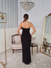 Kadın Omuz Askılı Derin Yırtmaç Detay Maxi Boy Elbise