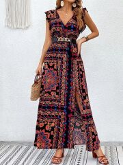 Kadın Kısa Kollu V Yakalı Deseni Yırtmaçlı Süprem Elbise