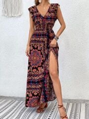 Kadın Kısa Kollu V Yakalı Deseni Yırtmaçlı Süprem Elbise