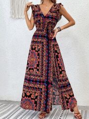 Kadın Kısa Kollu V Yakalı Deseni Yırtmaçlı Süprem Elbise