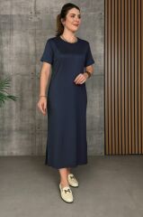 Kadın Kısa Kollu Bisiklet Yaka Yırtmaçlı Viskon Iki Iplik Elbise