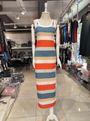 Kadın Kolsuz şerit Desenli Büzgü Yırtmaçlı Pegasus Kumaş Elbise