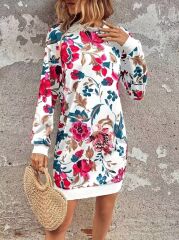 Kadın Uzun Kollu Bisiklet Yaka çiçek Baskılı şardonlu Dalgıç Elbise