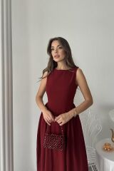 Bordo Yanları Büzgülü Midi Boy Keten Elbise