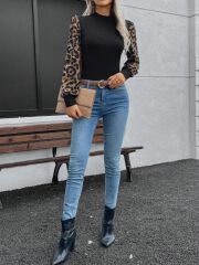 Kadın Uzun Kollu Yarı Balıkçı Yaka Leopar Detaylı Kaşkorse Bluz