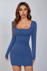 Kadın Uzun Kollu Kare Yaka Iç Göstermeyen Mini Elbise