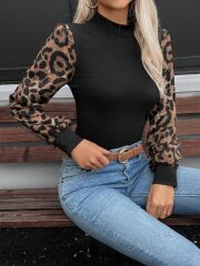 Kadın Uzun Kollu Yarı Balıkçı Yaka Leopar Detaylı Kaşkorse Bluz