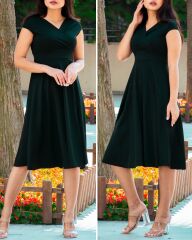 Düşük Omuz Eteği Pileli Krep Kumaş Midi Boy Elbise