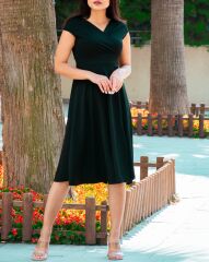 Düşük Omuz Eteği Pileli Krep Kumaş Midi Boy Elbise