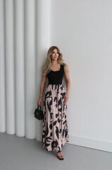 Kadın Askılı Yuvarlak Yaka üst Viskon Alt Desenli Uzun Süprem Elbise