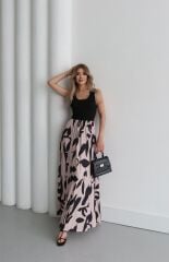 Kadın Askılı Yuvarlak Yaka üst Viskon Alt Desenli Uzun Süprem Elbise