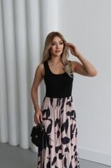 Kadın Askılı Yuvarlak Yaka üst Viskon Alt Desenli Uzun Süprem Elbise