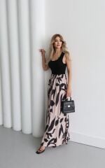 Kadın Askılı Yuvarlak Yaka üst Viskon Alt Desenli Uzun Süprem Elbise