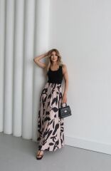 Kadın Askılı Yuvarlak Yaka üst Viskon Alt Desenli Uzun Süprem Elbise