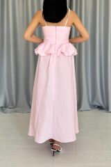 Pembe Beli Büzgülü İnci Askılı Uzun Elbise