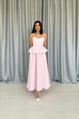 Pembe Beli Büzgülü İnci Askılı Uzun Elbise