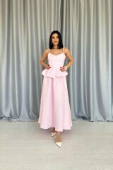 Pembe Beli Büzgülü İnci Askılı Uzun Elbise