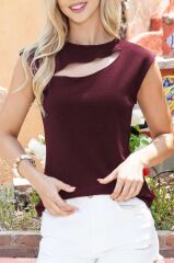 Kadın Sıfır Kol Pencere Detay Viskon T-shirt