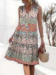 Kadın Kolsuz V Yaka çiçek Desenli Süprem Elbise