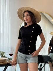 Kadın Kısa Kollu Degaje Yaka Düğme Detay Viskon Bluz