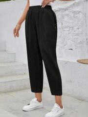 Kadın Yüksek Bel Yandan Cepli Düğme Detaylı Geniş Kesim Ithal Krep Pantolon