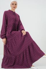 1627 Yaka Bağcıklı Tesettür Elbise - Çapa Mor