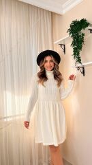 Kadın Uzun Kollu Balıkçı Yaka Belden Yaka Belden Büzgülü Kısa Triko Elbise