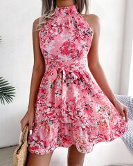 Kadın Kolsuz Halter Yaka çiçek Baskılı Eteği Volanlı Sandy Elbise