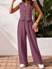 Kadın Sıfır Kollu Düğmeli Yelek Ve Pantolon Bürümcük Ikili Takım