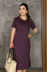 Kadın Kısa Kollu Bisiklet Yaka Yırtmaçlı Viskon Iki Iplik Elbise