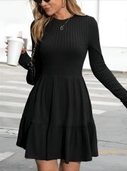 Kadın Uzun Kollu Bisiklet Yaka Katlı şardonlu Kaşkorse Kısa Elbise