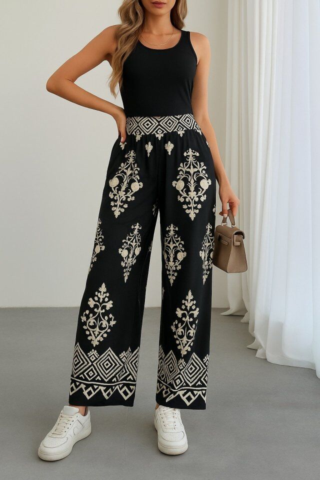 Kadın Yüksek Bel Desenli Lastikli Süprem Pantolon