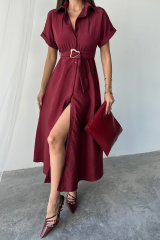 ÖNDEN DÜĞMELİ CRUSHLI MODAL ELBİSE - Bordo