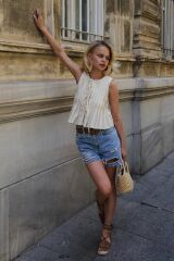 Pileli Bağlamlı Bluz - Natür